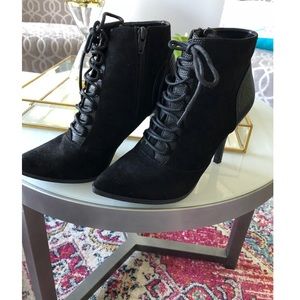 Leather and suede heel booties.